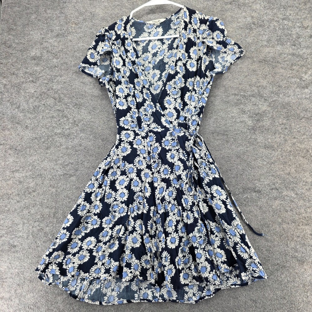 Rollas Dress Womens Medium Wrap V Neck Short Sleeve Blue Floral